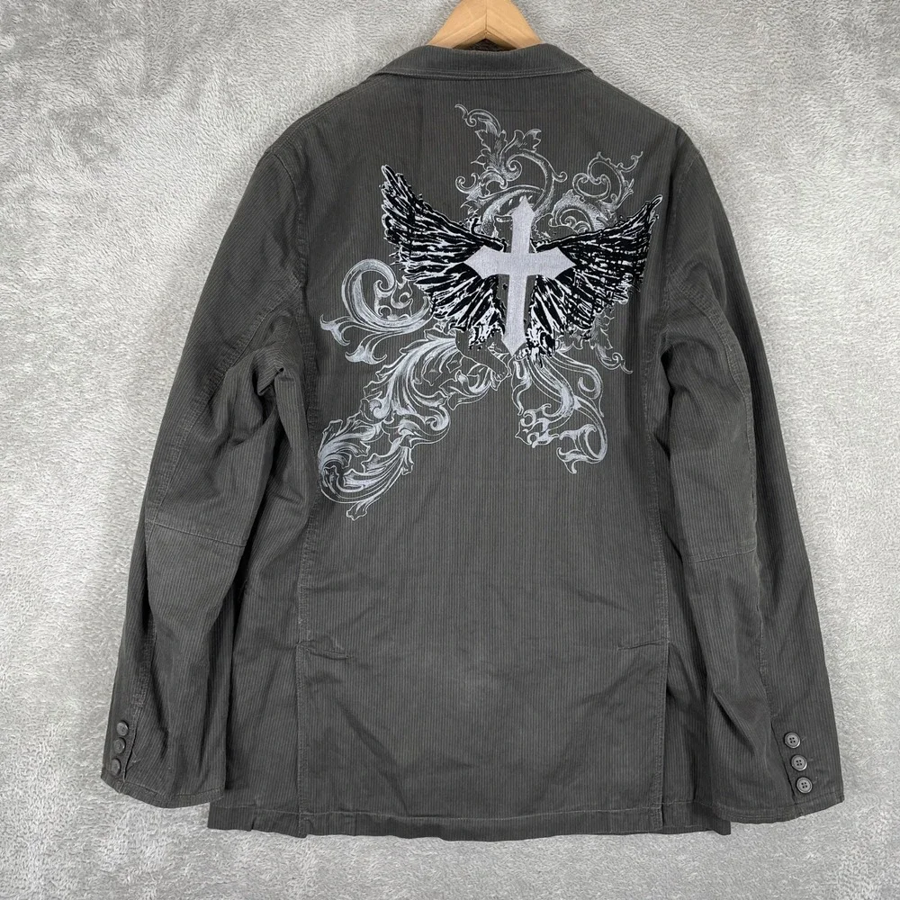 Pop Icon Corduroy Blazer Mens Large Grey Winged Cross Embroidered Y2K Grunge